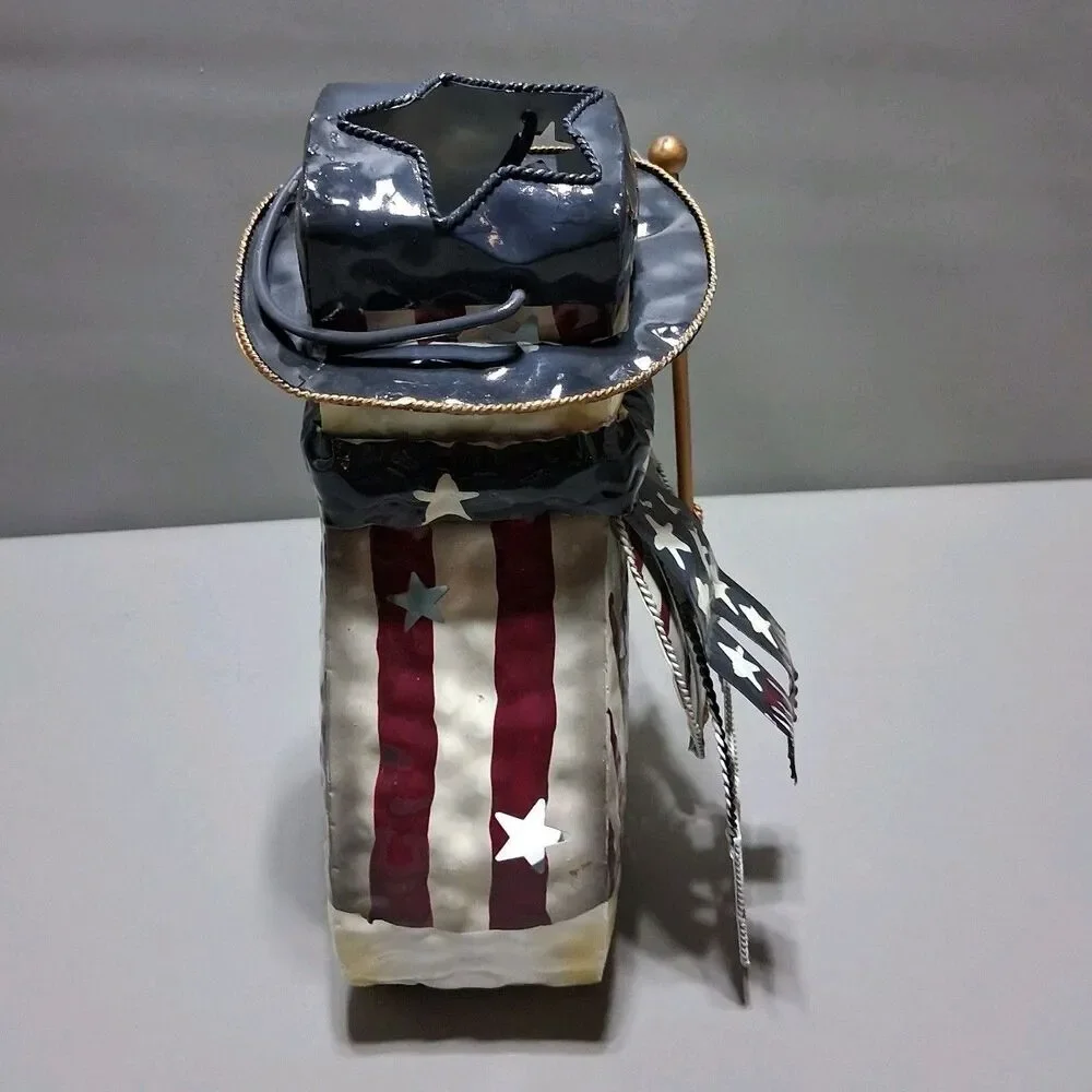 Home Interiors Patriotic Metal Snowman Votive Candle Holder – Holiday Tin Latern